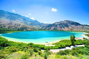 Eine Küstenlandschaft mit blauem Meer, einem Sandstrand und grünen Hügeln im Hintergrund.