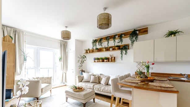 A modern living room with a sofa, ottoman, and coffee table, a kitchen with wooden shelves and plants, and a dining area with a wooden table and chairs.
