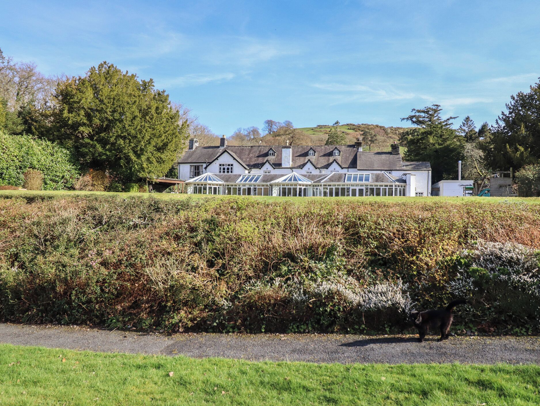 A large house with a conservatory, surrounded by a well-maintained garden and a hedge.