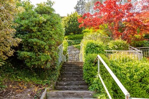 Eine steinerne Treppe, umgeben von üppigem Grün und einem Baum mit roten Blättern.