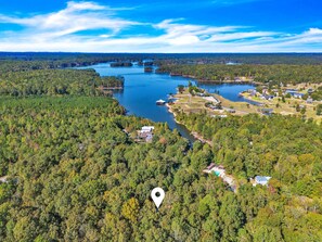 An aerial view of a lakeside community with dense forest, a marina, and residential buildings.