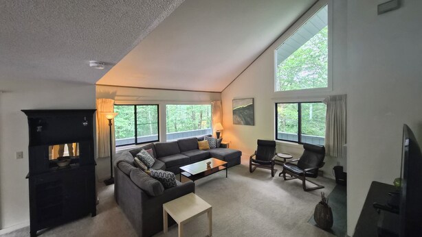 Ein geräumiges Wohnzimmer mit Kamin, großen Fenstern, einer Couch und einem Couchtisch.