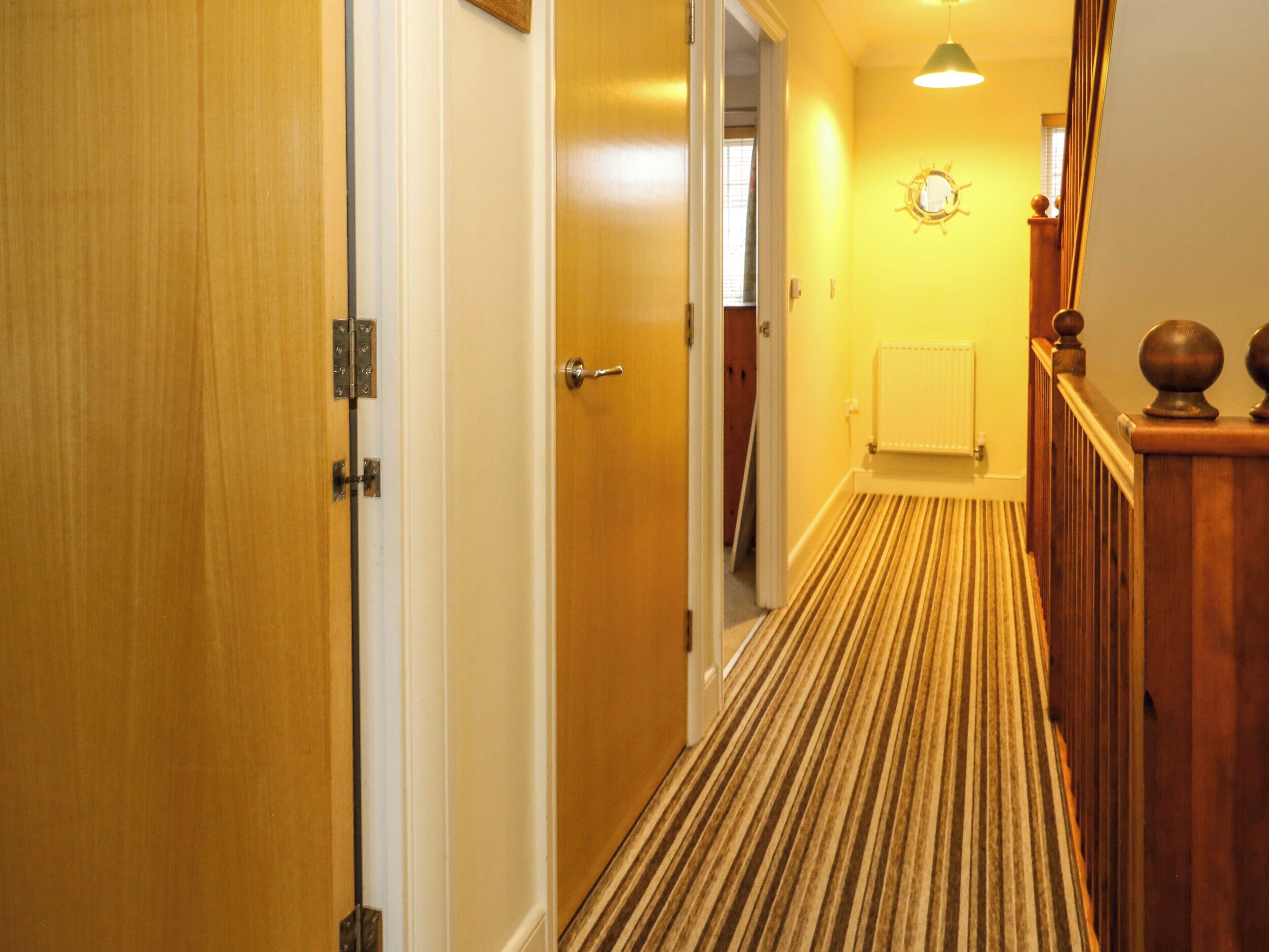 A hallway with a wooden door, a radiator, and a striped carpet.