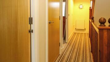 A hallway with a wooden door, a radiator, and a striped carpet.
