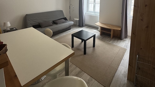 Un salon moderne avec un canapé, une petite table, un fauteuil et un radiateur.