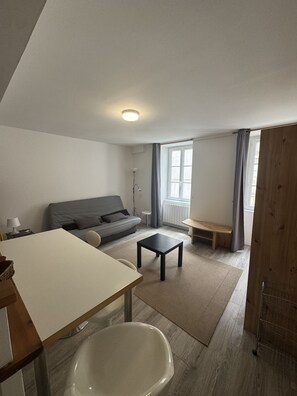 Ein modernes Wohnzimmer mit einer Couch, einem kleinen Tisch, einem Sessel und einer Heizung.