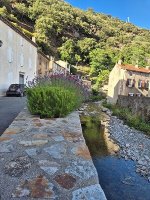 Un camí de pedra al costat d'un rierol, amb edificis i arbres al fons.