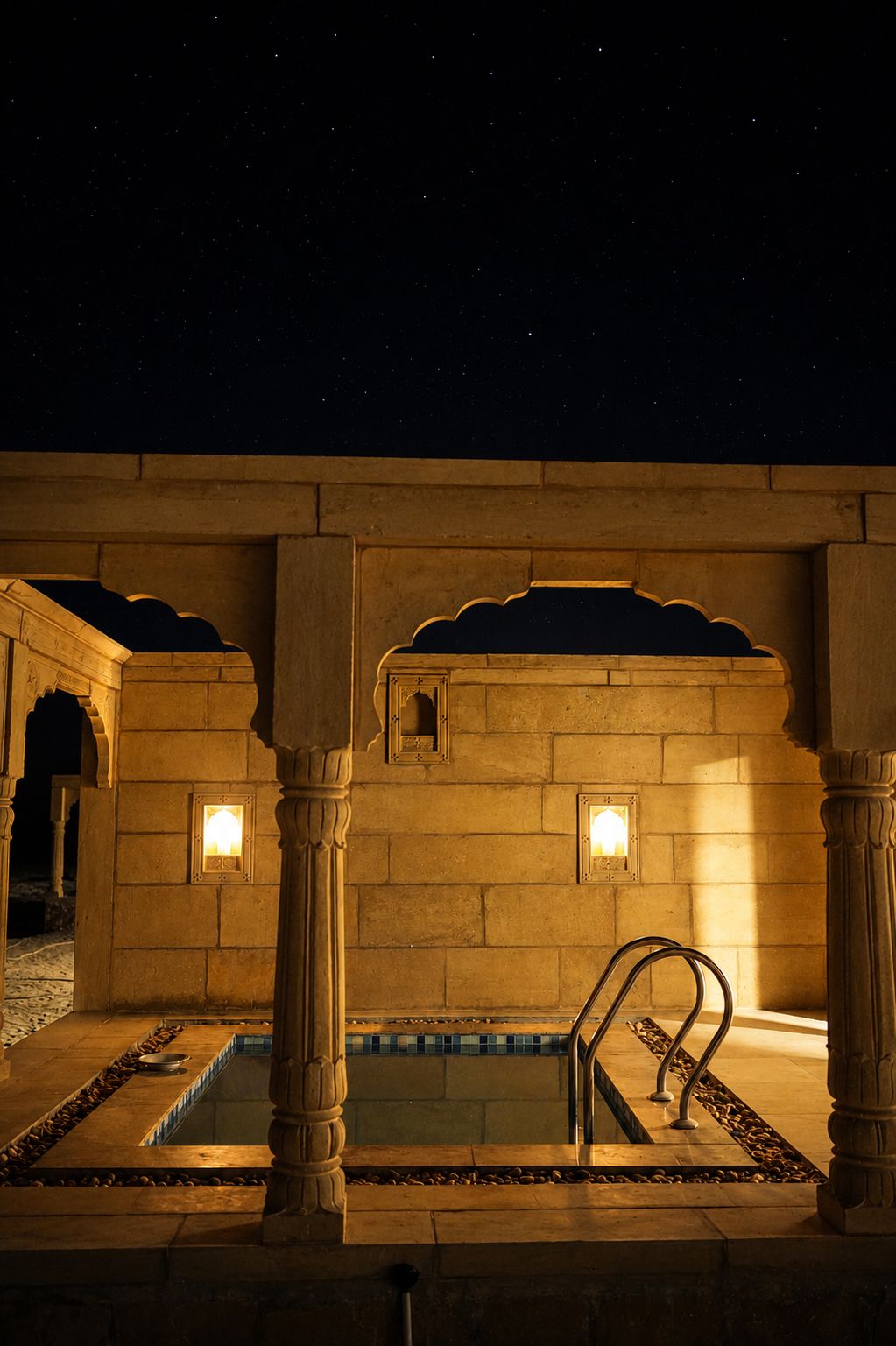 A nighttime view of a pool area with stone columns and arches, illuminated by wall-mounted lights.