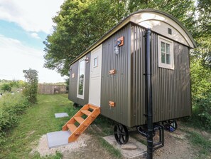 A small, single-story, metal-framed cabin with a wooden ramp leading to a door, surrounded by greenery.