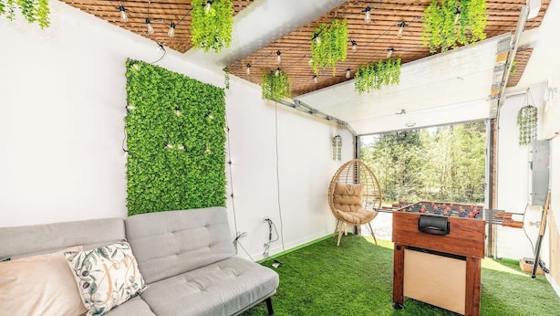 Quarto com sofá cinza, mesa de pebolim, cadeira suspensa e parede verde com plantas.