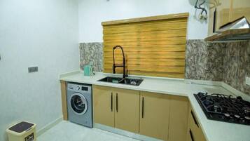 A compact kitchen with a washing machine, a sink, and a stove.