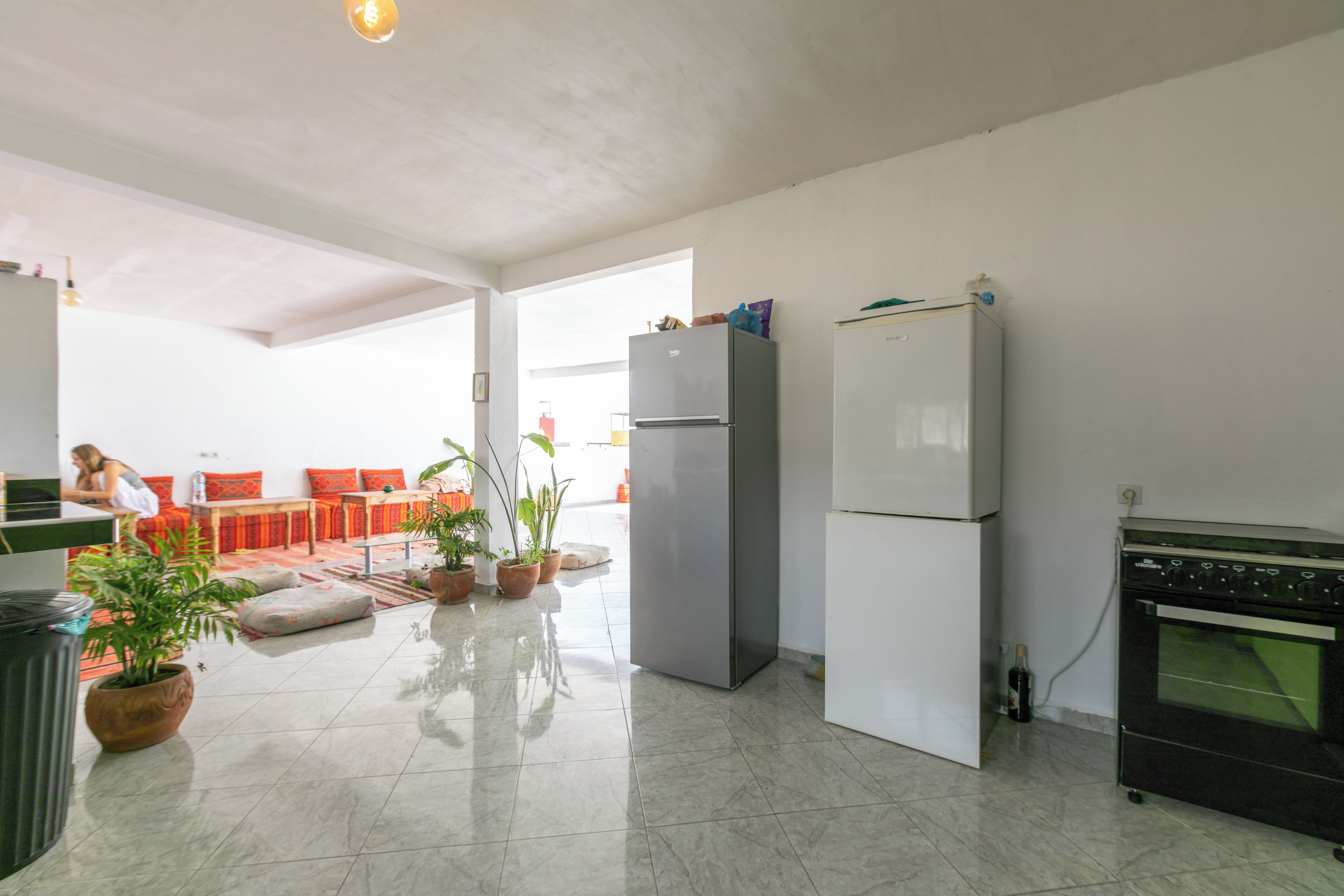A modern kitchen with a refrigerator, oven, and potted plants.