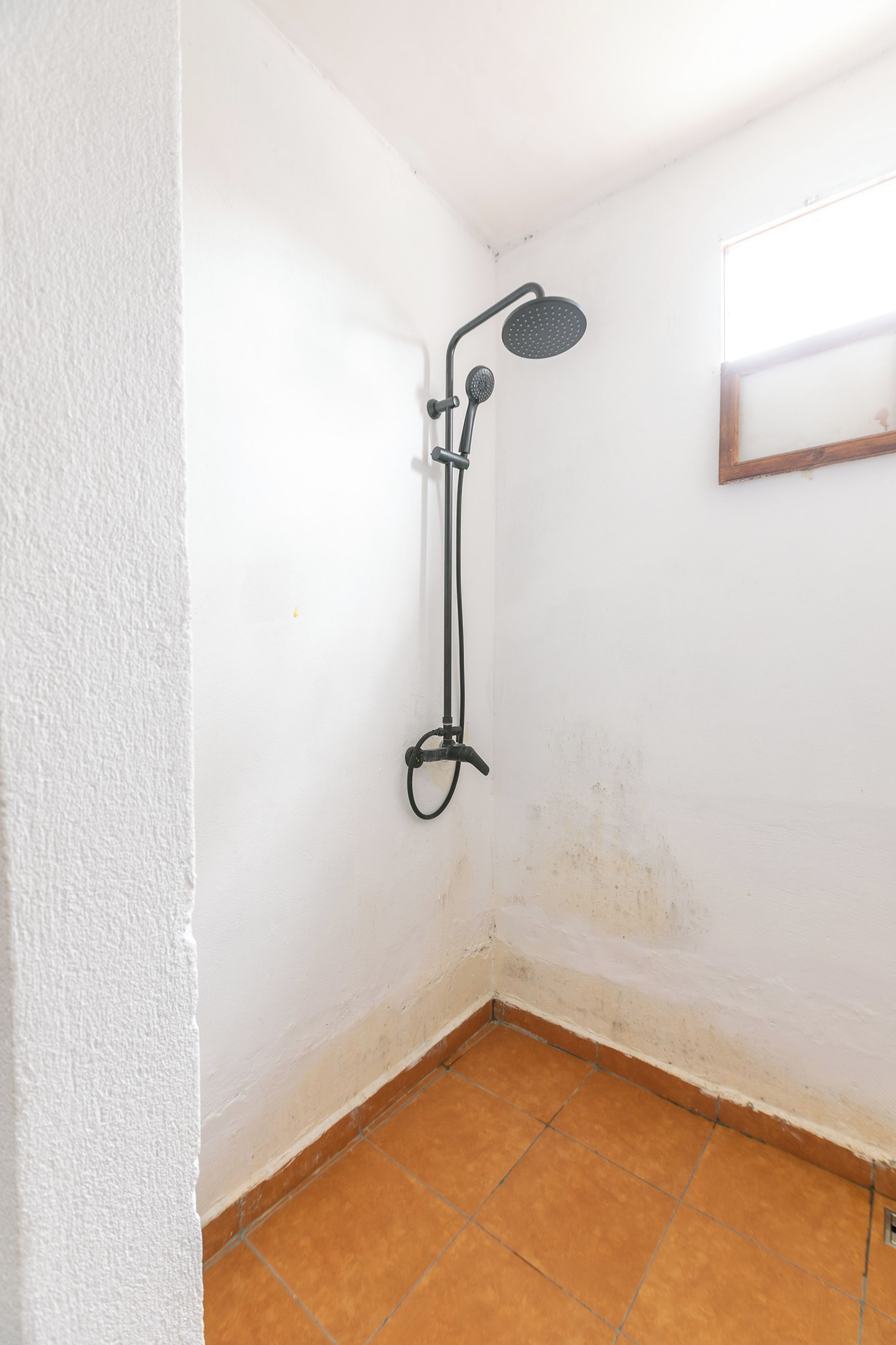 Un coin de pièce avec une douche, un mur blanc et un sol carrelé.