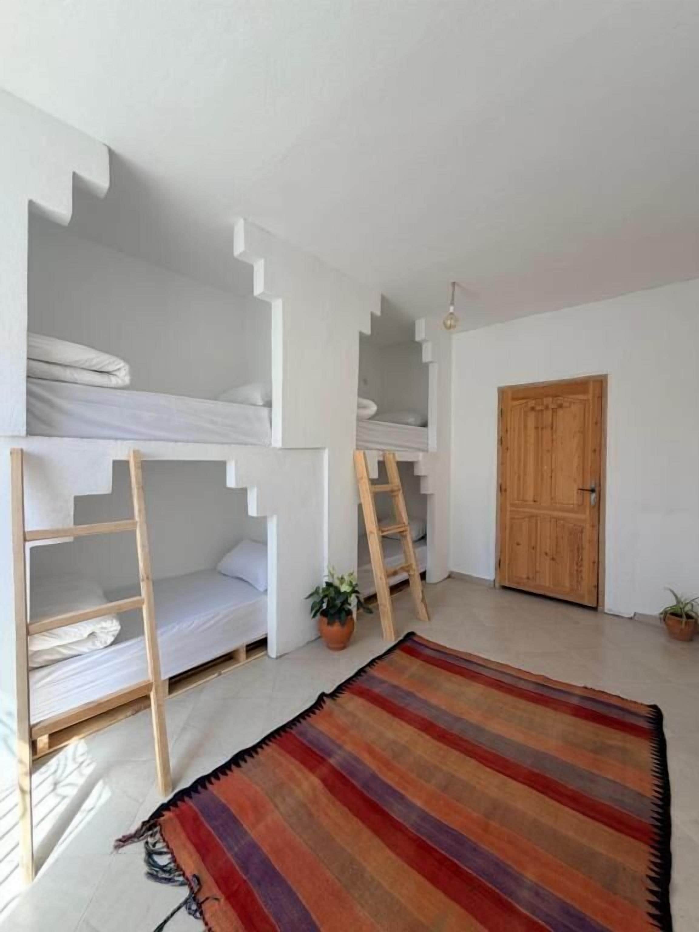A room with bunk beds, a wooden ladder, a door, and a striped rug.