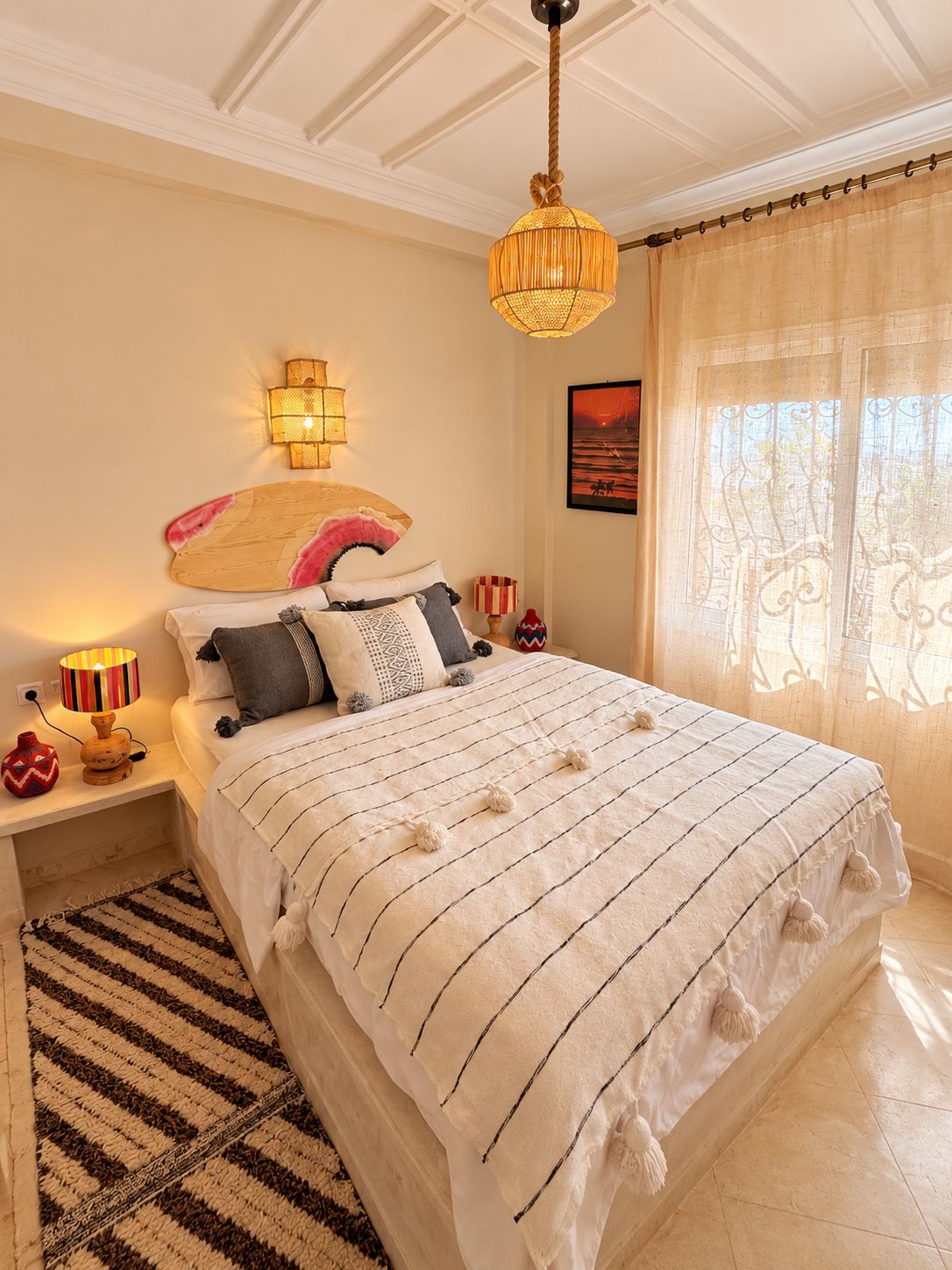 Un dormitorio con una cama grande, una lámpara colgante, una lámpara de pared y un cuadro enmarcado.