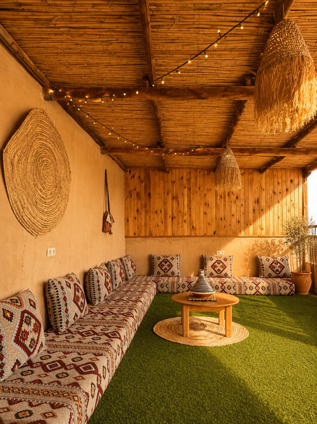 Ein Zimmer mit einem strohgedeckten Dach, Holzwänden, einer gepolsterten Couchgarnitur, einem gewebten Teppich und einer hängenden Leuchte.