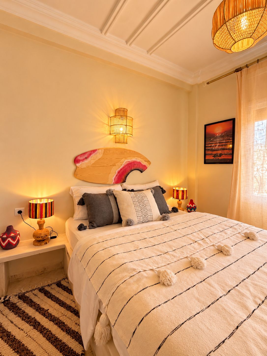 A bedroom with a large bed, two bedside lamps, a wall-mounted light fixture, a painting, and a window with curtains.