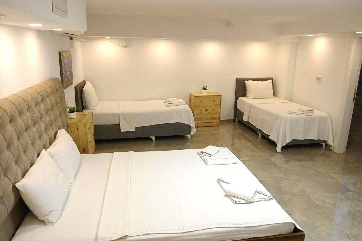 Quarto de hotel com uma cama grande, duas camas menores, uma mesinha de cabeceira de madeira e um vaso pequeno com planta.