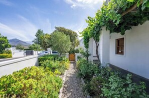 A narrow pathway leading to a white building with a window, surrounded by lush greenery and a mountain in the background. - Dream Holiday Home in the Heart of Franschhoek (Franschhoek)