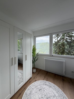 A modern room with a large window, a radiator, a potted plant, and a round rug. - The Cozy Bad Ems Apartment (Bad Ems)
