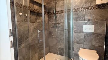 A bathroom with a glass-enclosed shower, a toilet, and a tiled wall.