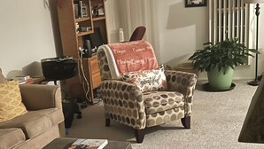 A living room with a sofa, armchair, coffee table, and a potted plant. - Cozy 1-bedroom apartment with AC in serene Farmington Hills (Farmington Hills)