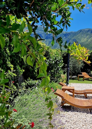 Jardí amb una banca de fusta, una taula i vistes a les muntanyes.