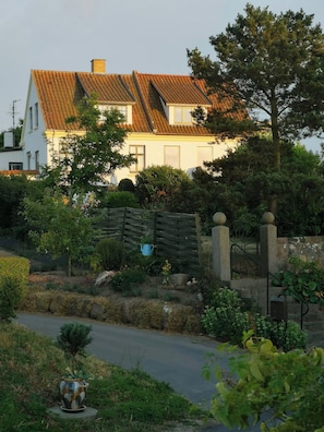 Ein Haus mit geneigtem Dach, ein Garten mit verschiedenen Pflanzen, einer blauen Gießkanne und einem Briefkasten.