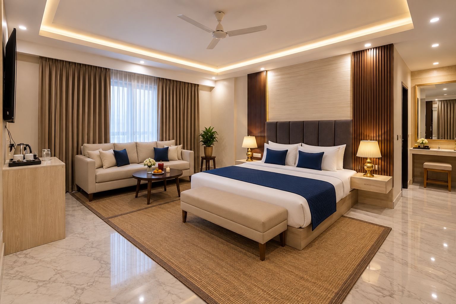 A modern hotel room with a large bed, a sofa, a desk, and a bathroom.