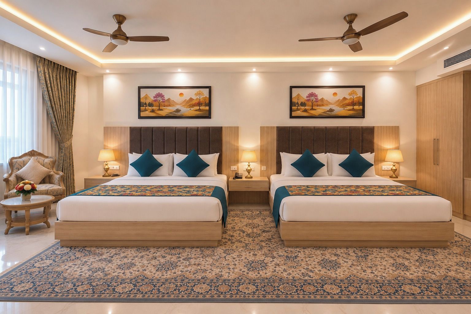 A hotel room with two beds, a large rug, ceiling fans, wall art, and a nightstand with a lamp.