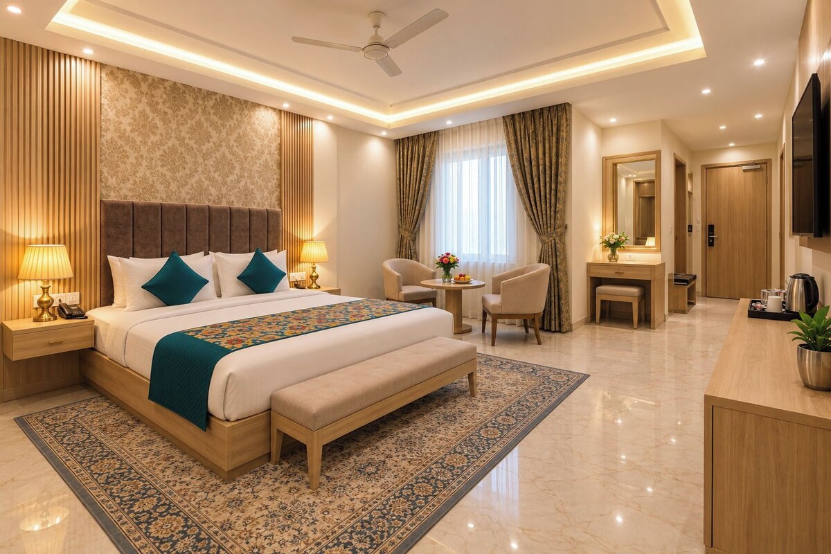 A modern hotel room with a large bed, bedside tables, a desk, and a seating area.