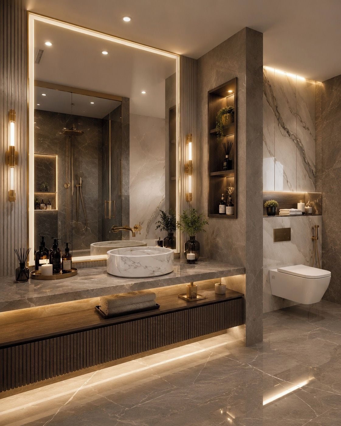 A modern bathroom with a large mirror, a round sink, and a toilet.