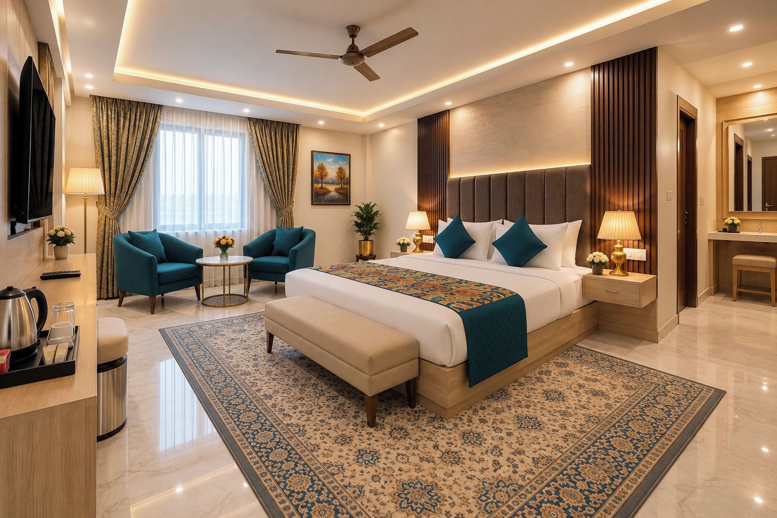 Habitación de hotel moderna con una cama grande, dos sillones, un escritorio con cafetera y un baño con espejo y lavamanos.
