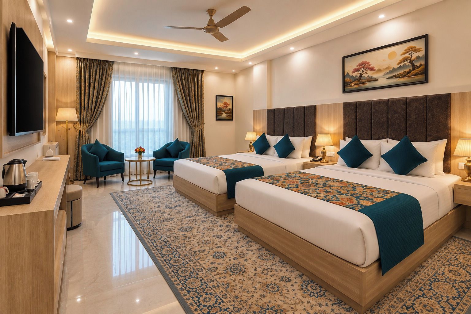 A hotel room with two beds, a desk, a TV, and a painting on the wall.