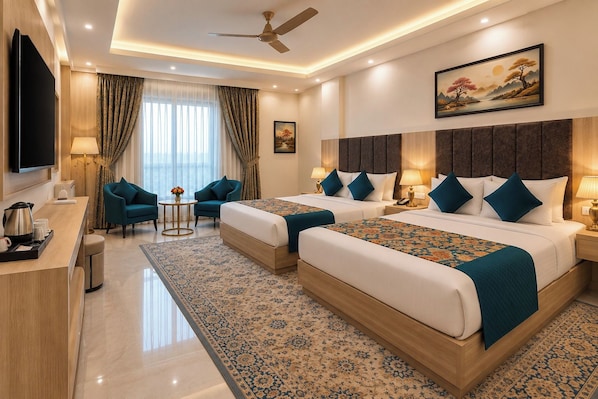 A hotel room with two beds, a desk, a TV, and a painting on the wall.