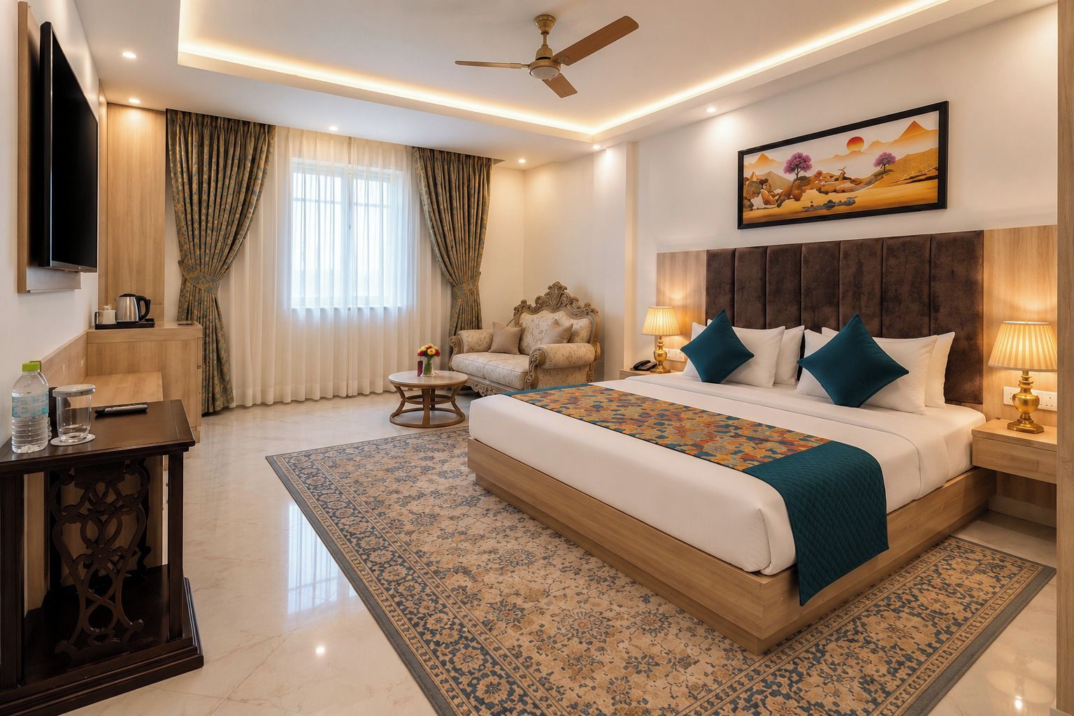 A hotel room with a bed, a sofa, a TV, a desk, and a painting on the wall.