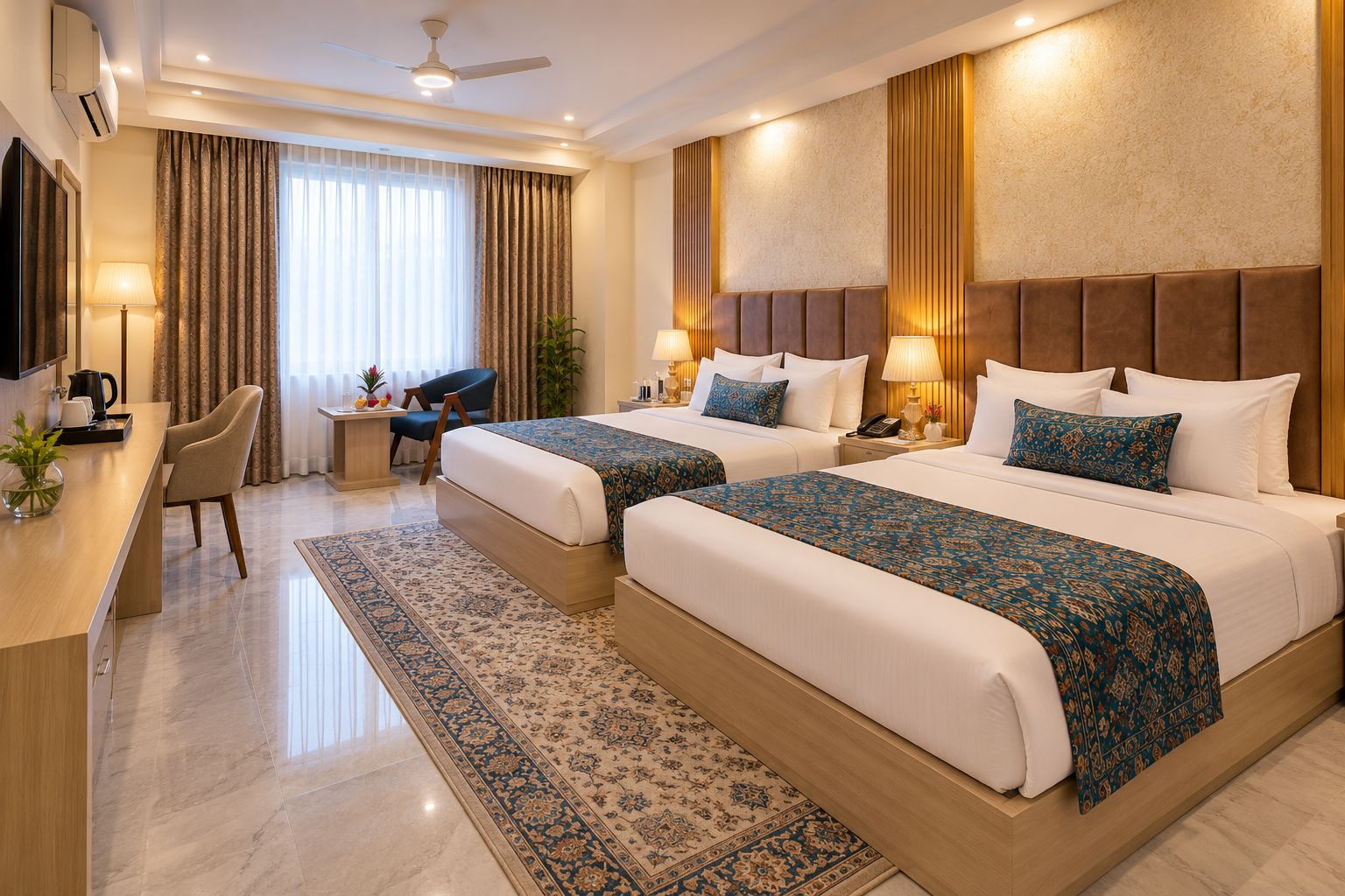 A hotel room with two beds, a desk, a chair, a TV, and a large window with curtains.