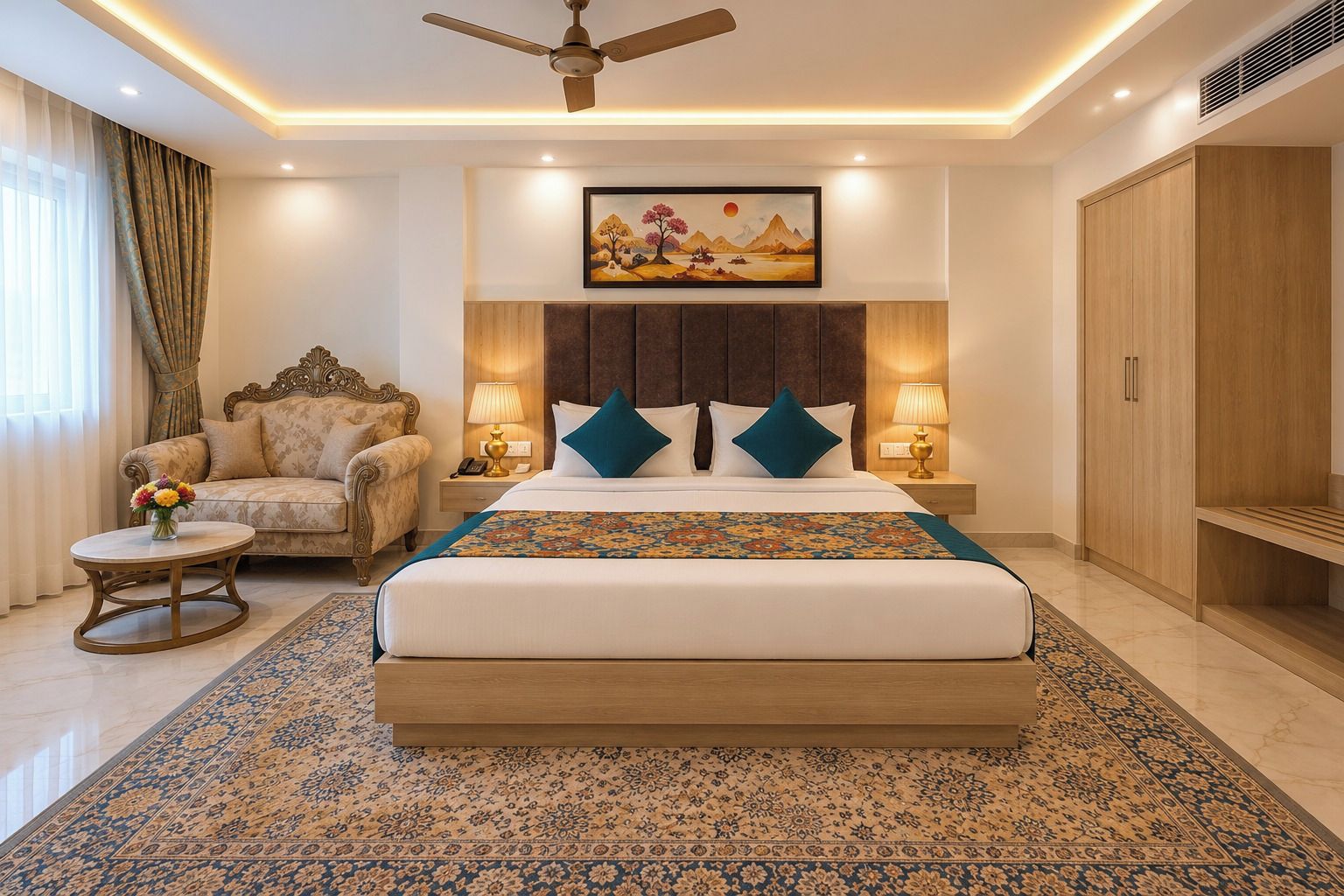 Une chambre d’hôtel avec un grand lit, un canapé, un fauteuil, une table de chevet, une lampe, un tableau et une armoire.