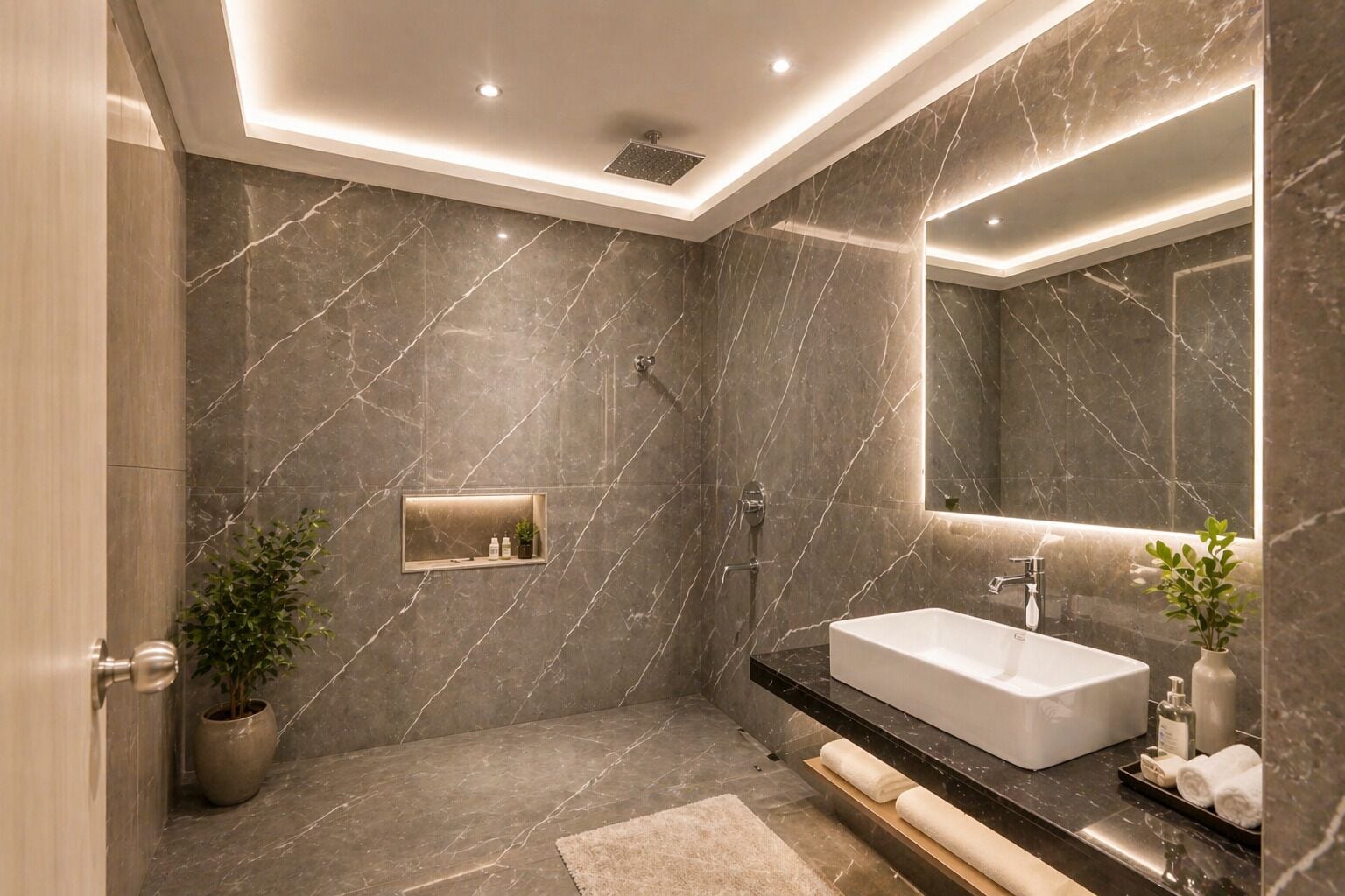 Un baño moderno con un espejo grande, un lavamanos rectangular y una zona de ducha.