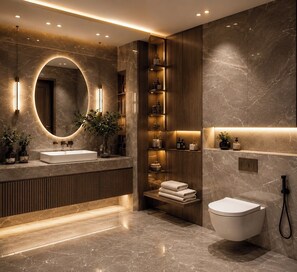A modern bathroom with a large oval mirror, two sinks, a freestanding toilet, and a built-in shelf with toiletries.