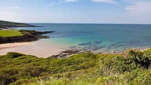 Ett kustlandskap med en strand, gräsbevuxna områden och fri utsikt över havet.