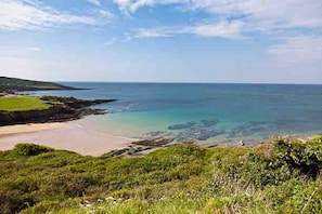 A coastal landscape with a beach, grassy areas, and a clear view of the sea. - Lovely spacious, quiet ground floor apartment (Plymouth)