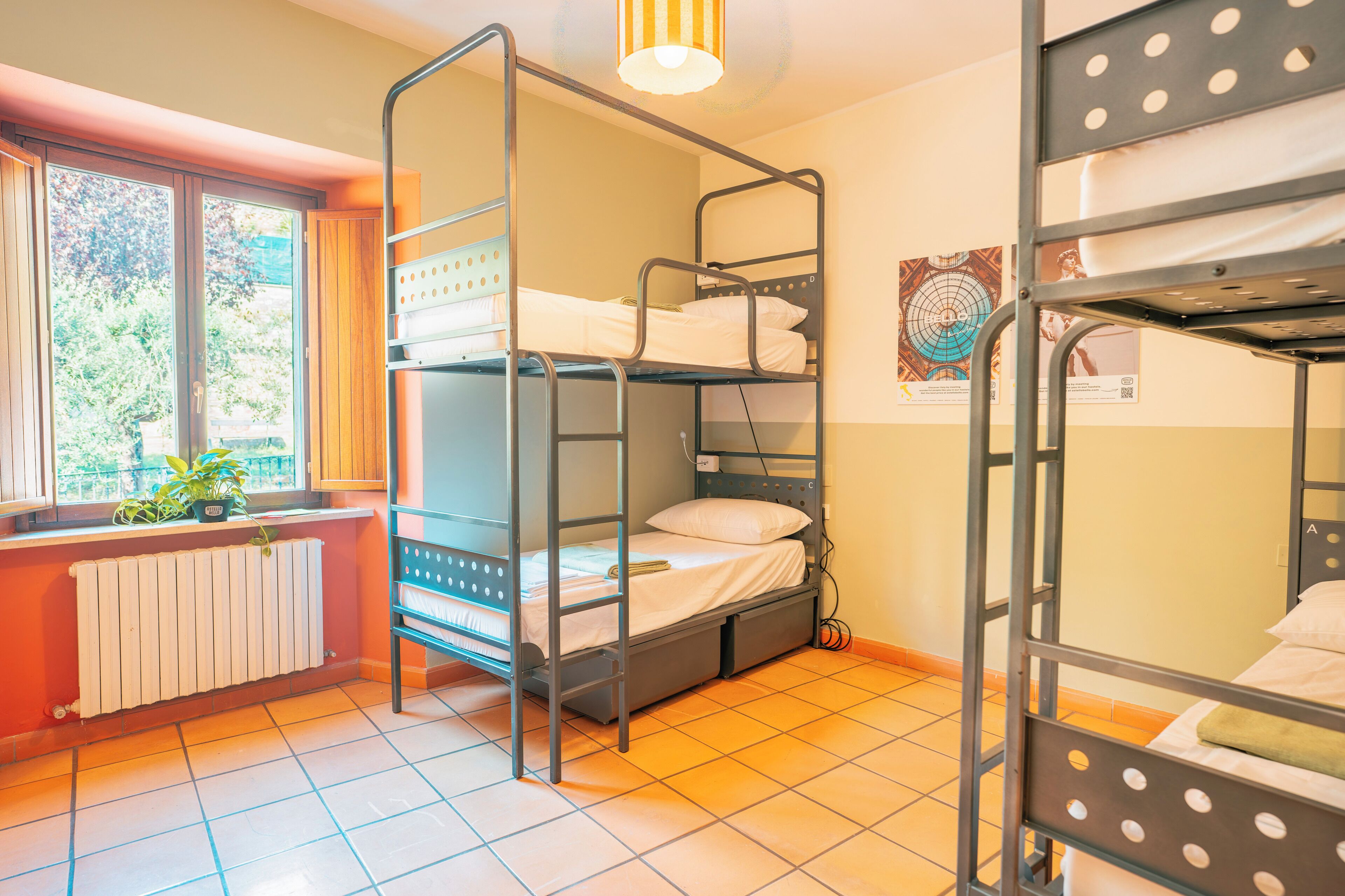 Une chambre de dortoir avec des lits superposés, un radiateur, une fenêtre avec des rideaux et une plante posée sur le rebord de la fenêtre.