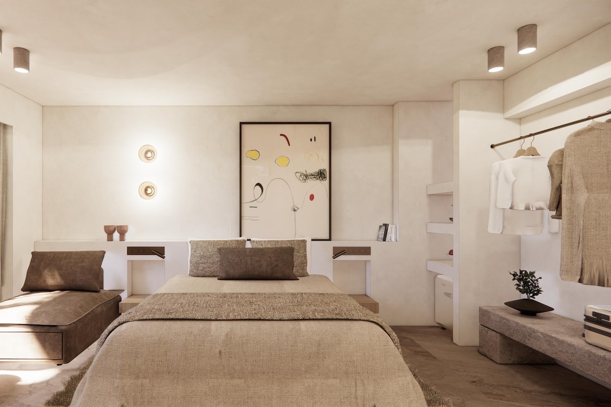 Un dormitorio moderno con cama, mesitas de noche, armario y un cuadro abstracto grande en la pared.