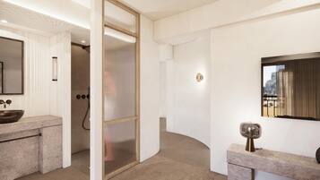 Deluxe Double Room, Balcony, City View | Bathroom | Shower, hair dryer, towels, soap