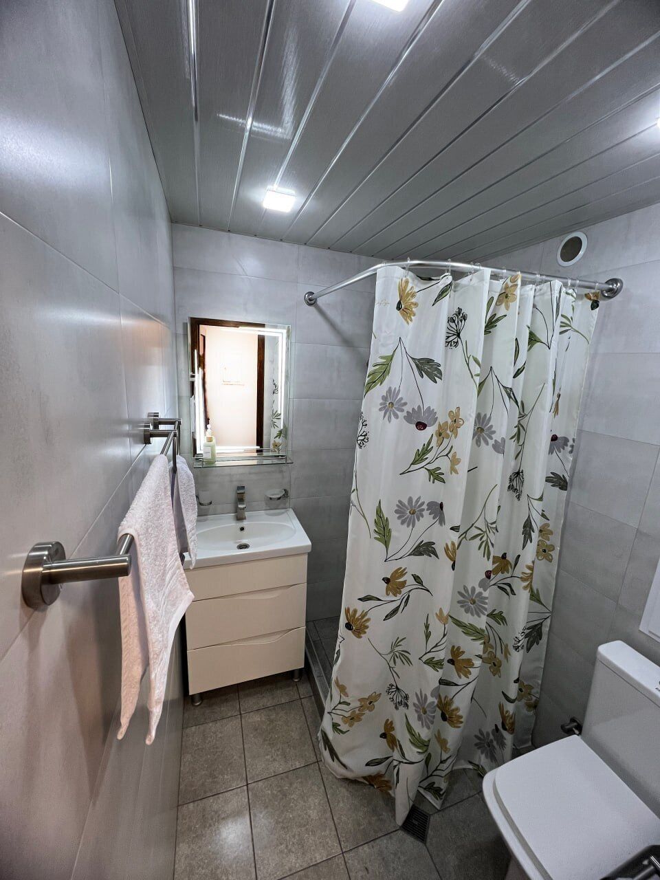 Hair dryer, towels, soap, toilet paper