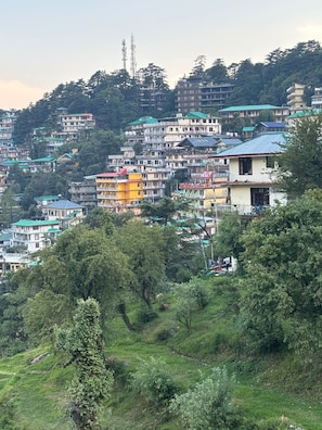 Uma área residencial numa encosta, com edifícios de vários andares, alguns com varandas, e vegetação densa em primeiro plano.