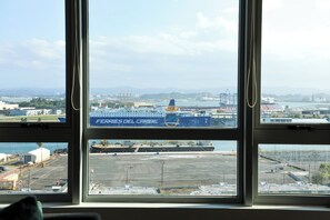 Vista a través de una ventana de un barco llamado 'FERRIES DEL CARIBE' atracado en un puerto, con un puerto deportivo y edificios al fondo.