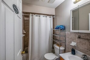 A bathroom with a shower curtain, a toilet, a sink, and a mirror. - NJNY Retreat - Newark (Newark)