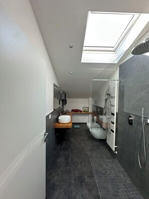 Ein modernes Badezimmer mit Oberlicht, einem großen Waschbecken, einer Toilette und einer Duschkabine.